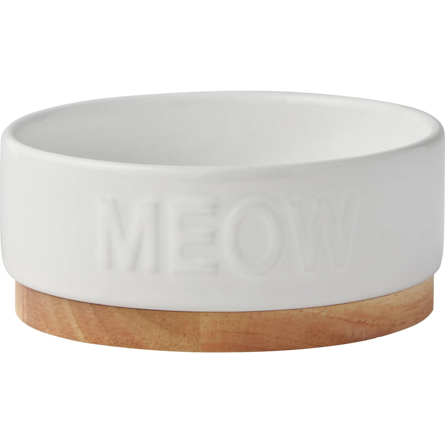 Frisco Round Meow Non-skid Ceramic Cat Bowl With Wood Base 3 Frisco Round Meow Non-skid Ceramic Cat Bowl With Wood Base