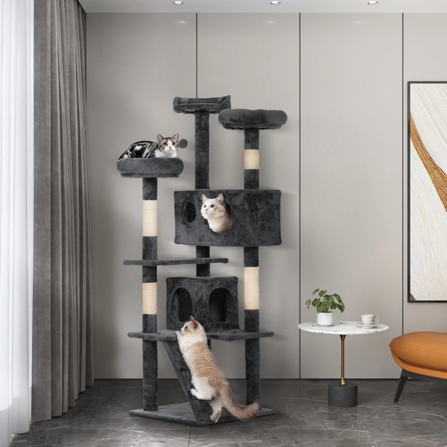 Coziwow 60-in Scratching Posts & Toys Cat Tree & Condo, Grey 3 Coziwow 60-in Scratching Posts & Toys Cat Tree & Condo, Grey