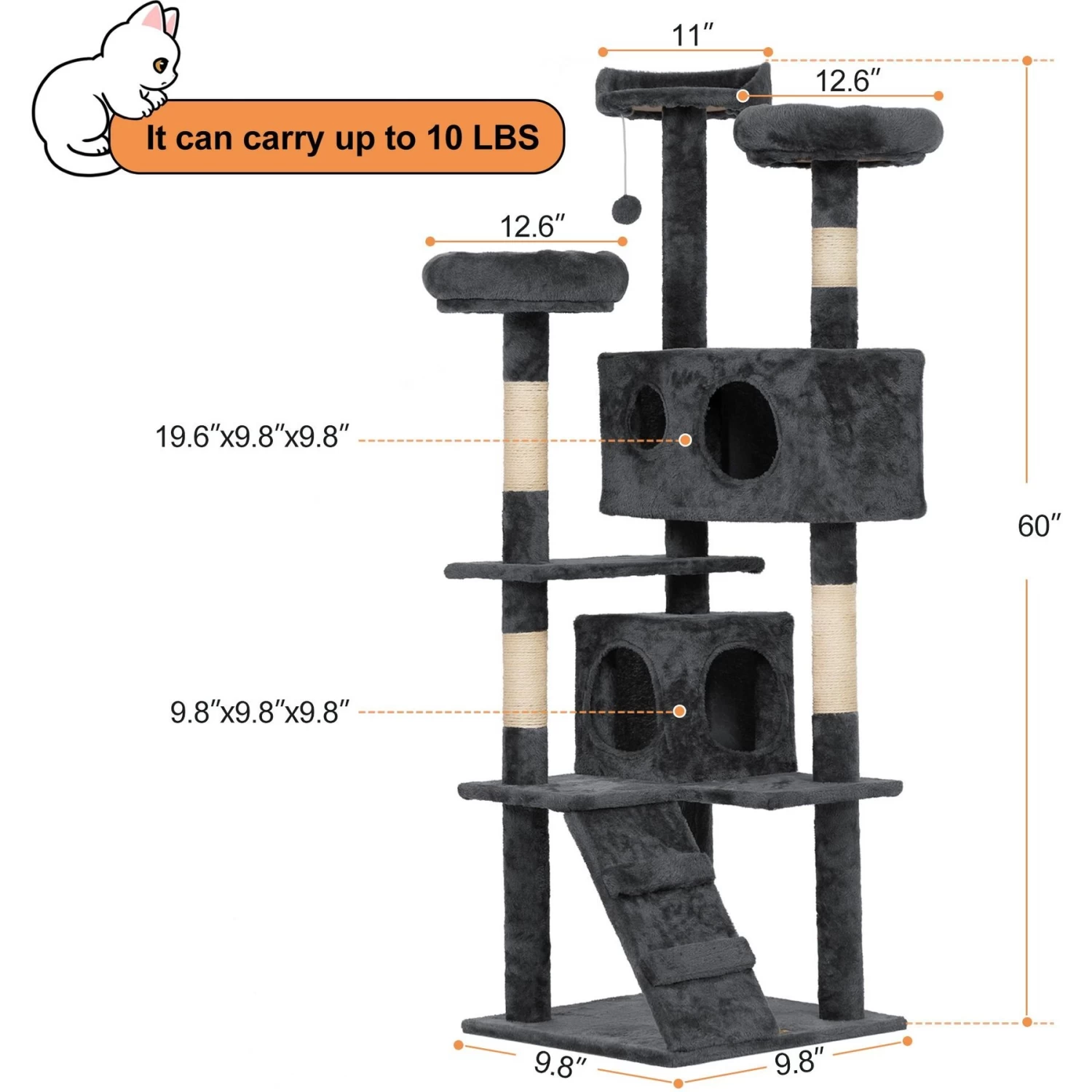 Coziwow 60-in Scratching Posts & Toys Cat Tree & Condo, Grey 8 Coziwow 60-in Scratching Posts & Toys Cat Tree & Condo, Grey - Image 6