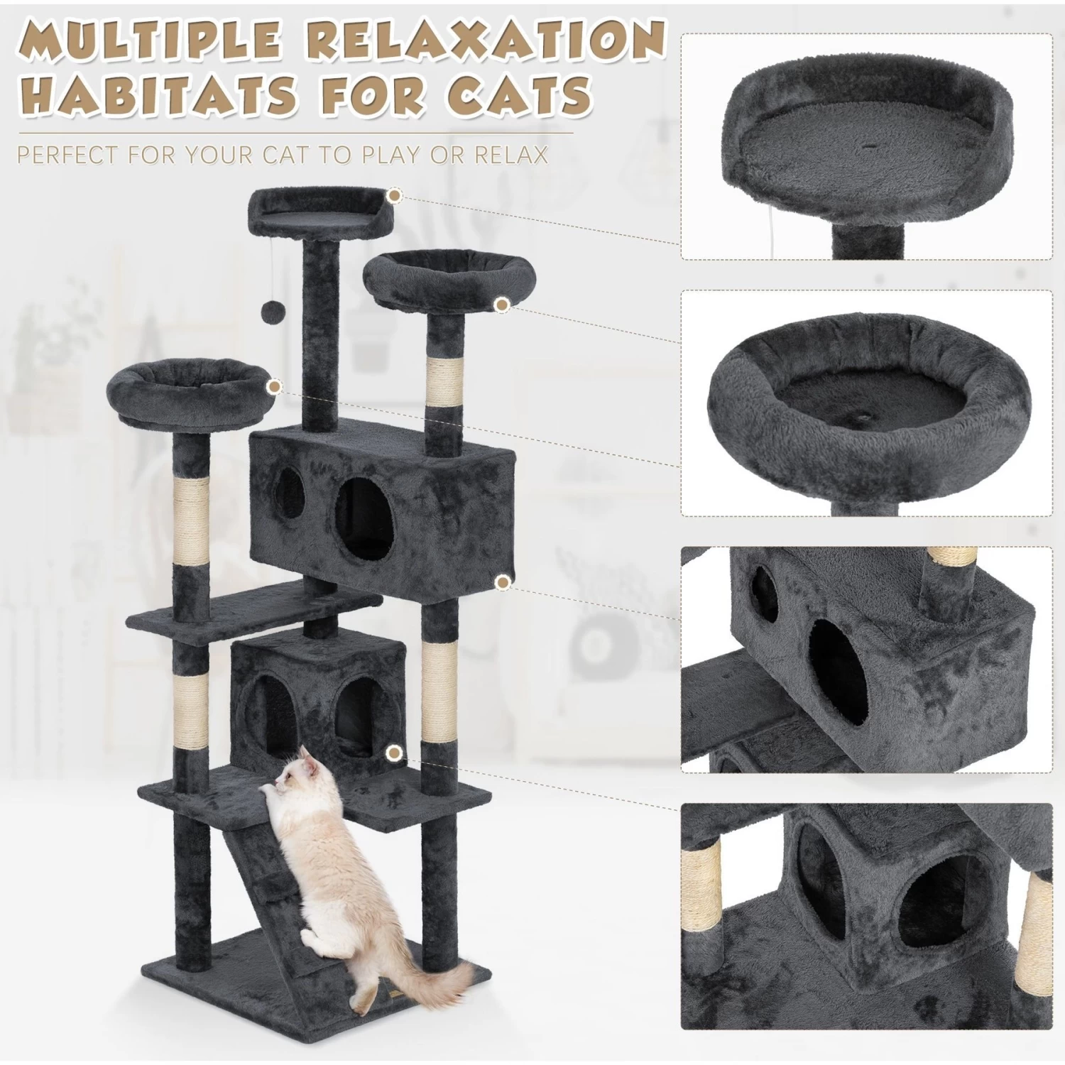 Coziwow 60-in Scratching Posts & Toys Cat Tree & Condo, Grey 9 Coziwow 60-in Scratching Posts & Toys Cat Tree & Condo, Grey - Image 7