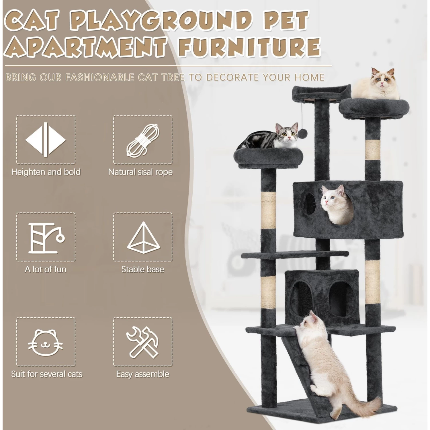 Coziwow 60-in Scratching Posts & Toys Cat Tree & Condo, Grey 11 Coziwow 60-in Scratching Posts & Toys Cat Tree & Condo, Grey - Image 9
