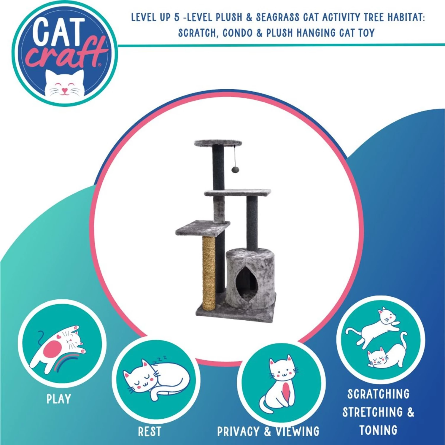 Cat Craft Level Up 5 Tier Plush & Seagrass Activity Cat Tree Habitat, Gray, Large 4 Cat Craft Level Up 5 Tier Plush & Seagrass Activity Cat Tree Habitat, Gray, Large - Image 2
