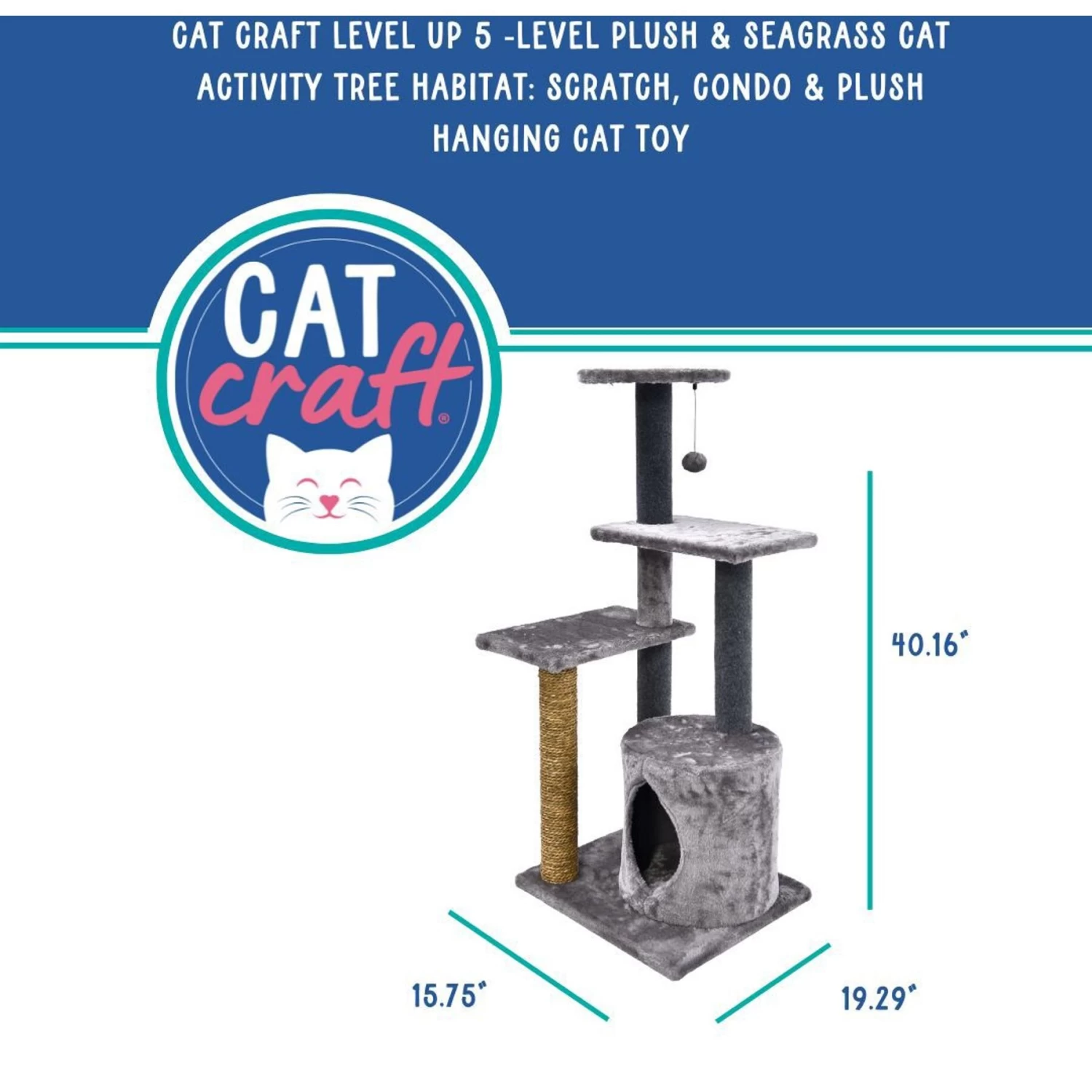 Cat Craft Level Up 5 Tier Plush & Seagrass Activity Cat Tree Habitat, Gray, Large 5 Cat Craft Level Up 5 Tier Plush & Seagrass Activity Cat Tree Habitat, Gray, Large - Image 3