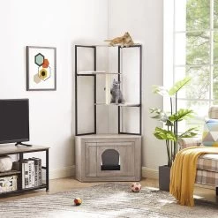 Unipaws Corner Box Enclosure With Cat Tree Tower Cat Litter, Weathered Grey, Medium