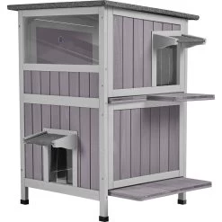 Aivituvin AIR14-1 Two Tier Wooden Cat House With Waterproof Roof & Door Flaps, Grey, Small
